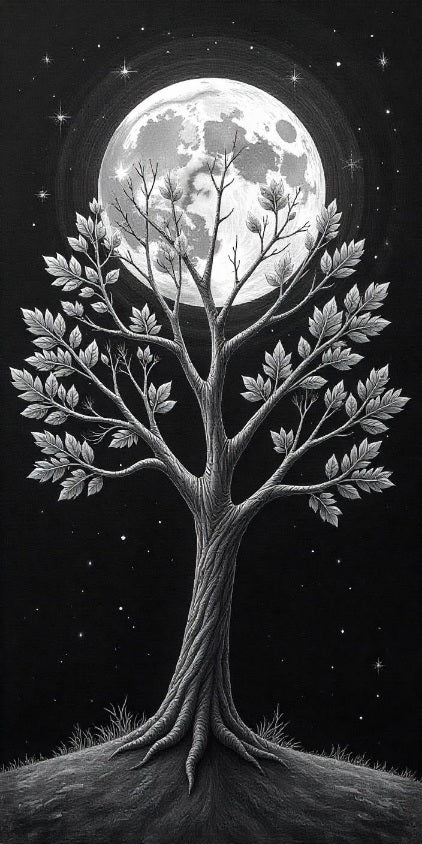A moonlit tree against a starry night sky