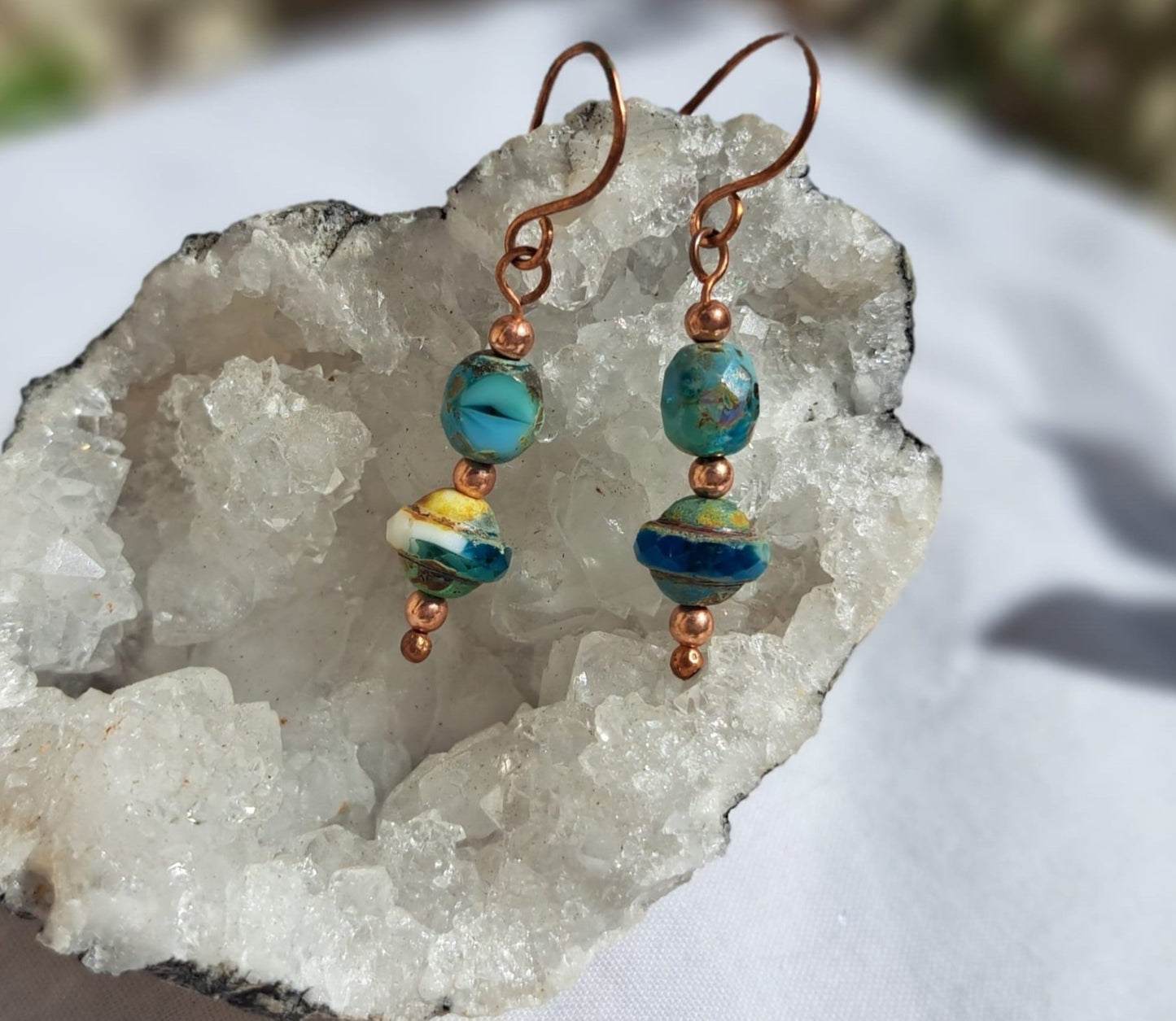 Copper And Czech Glass Earrings - Saturns and Picasso Beads