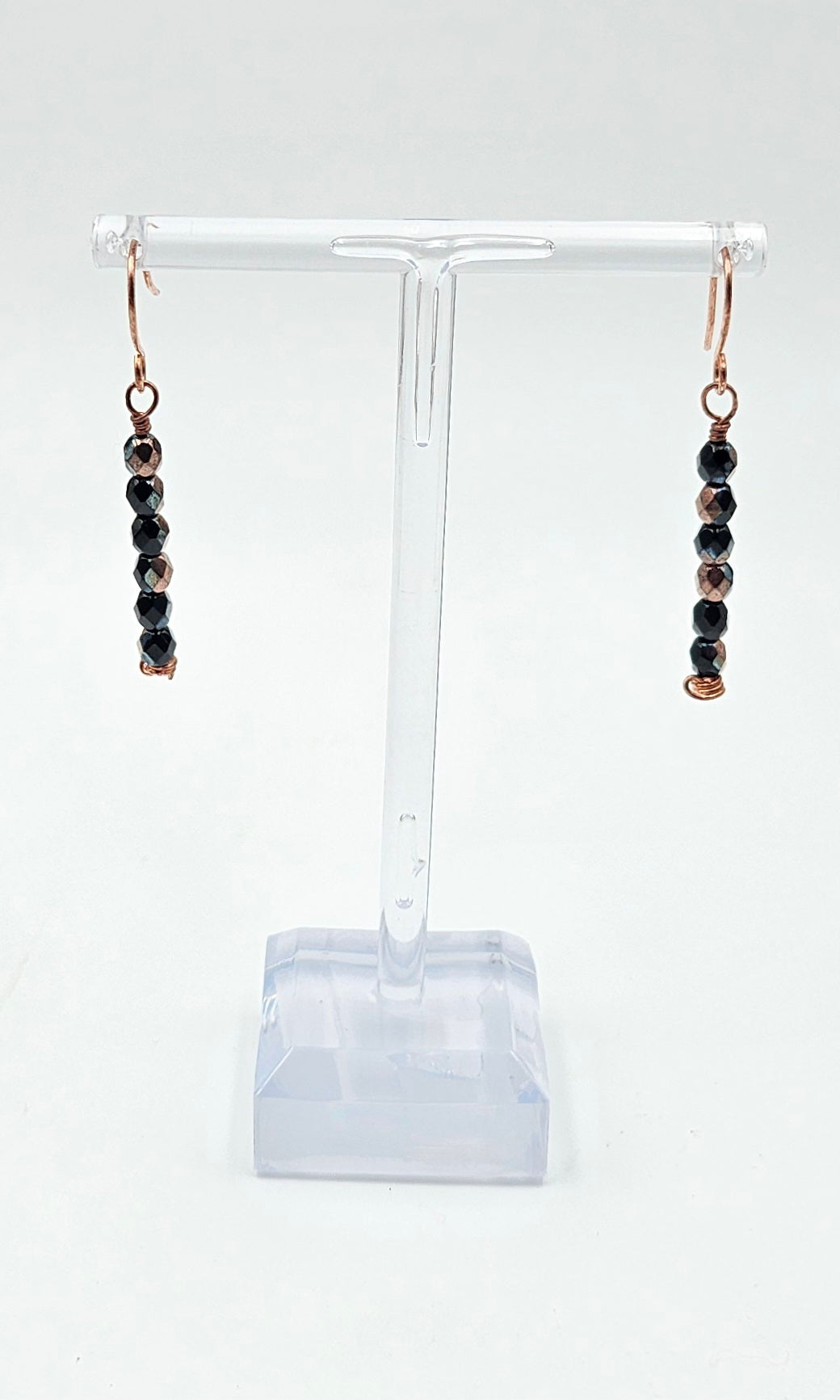 Handmade Copper and Czech Glass Jet Capri faceted drops far view