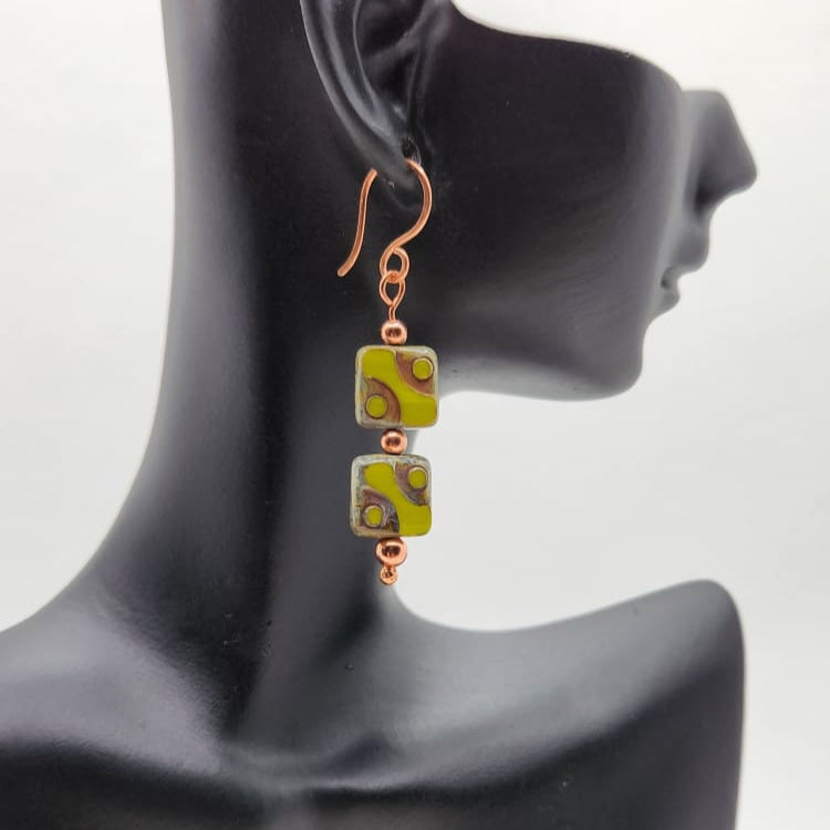 Table Cut Lime Green Glass Copper Earrings - Breathe Jewellery and Holistic's