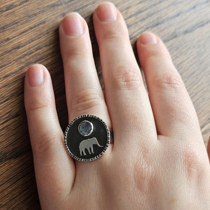 Sterling Silver Aqua Kyanite Elephant Ring on Hand