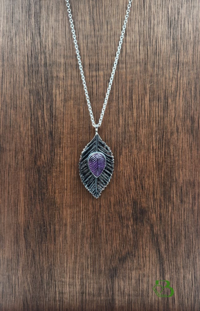Handmade Sterling Silver Dog Rose Bush Leaf with Carved Amethyst Gemstone Leaf Sterling silver Sterling Silver Pendant