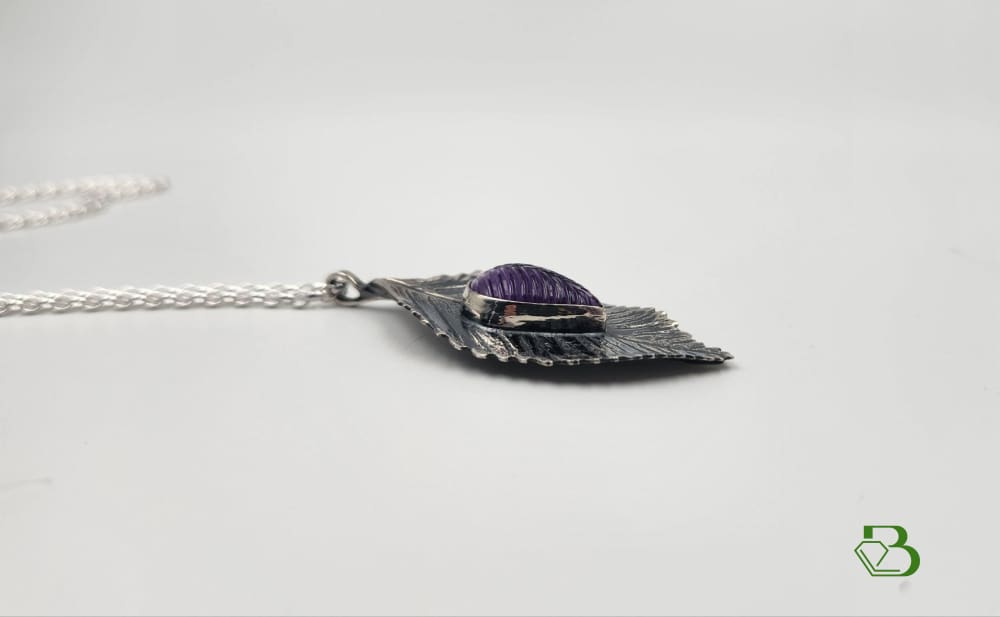 Handmade Sterling Silver Dog Rose Bush Leaf with Carved Amethyst Gemstone Leaf Sterling silver Sterling Silver Pendant