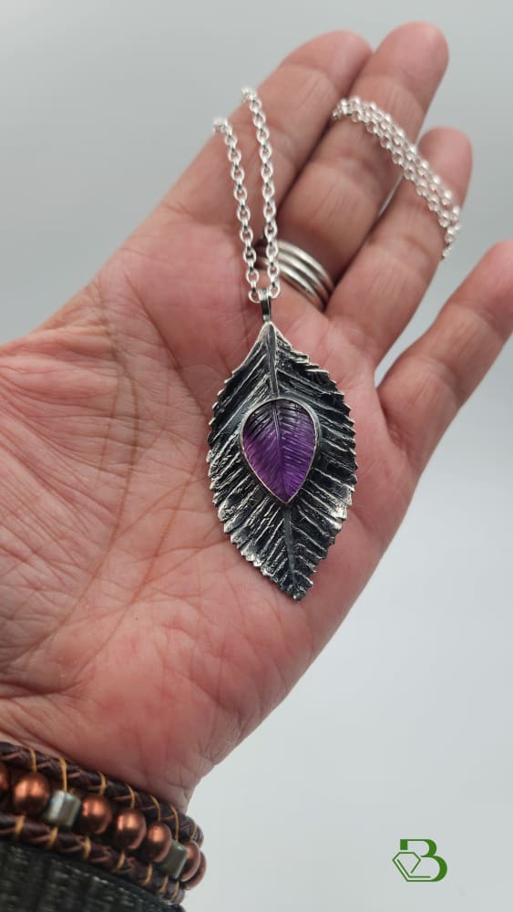 Handmade Sterling Silver Dog Rose Bush Leaf with Carved Amethyst Gemstone Leaf Sterling silver Sterling Silver Pendant