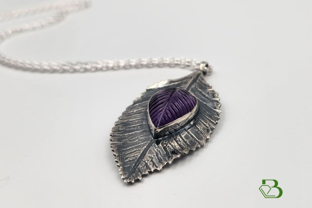 Handmade Sterling Silver Dog Rose Bush Leaf with Carved Amethyst Gemstone Leaf Sterling silver Sterling Silver Pendant