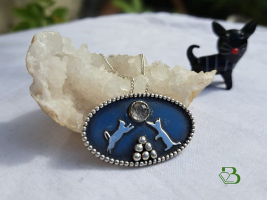 Sterling Silver Playful Cats Pendant With Black Rutilated Quartz - Glass Cat View
