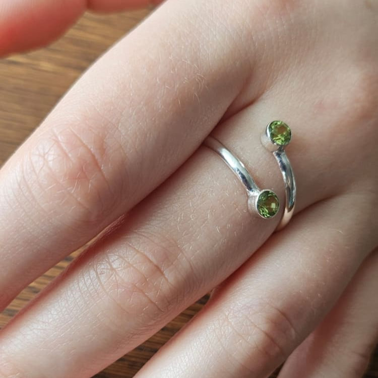 Sterling Silver Adjustable Peridot Ring - Side Hand View