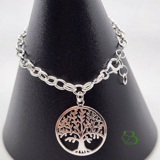 Large Sterling Silver Tree of Life Belcher Bracelet on Display
