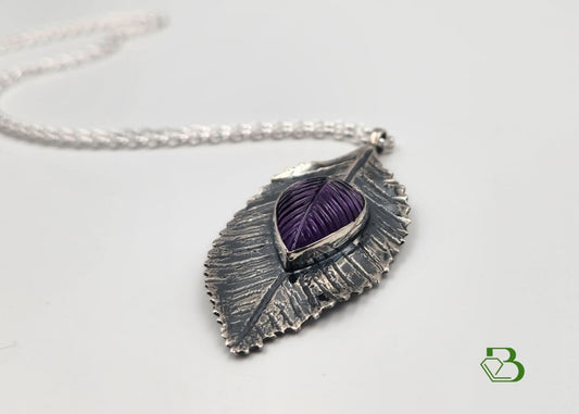 Handmade Sterling Silver Dog Rose Bush Leaf with Carved Amethyst Gemstone Leaf Sterling silver Sterling Silver Pendant