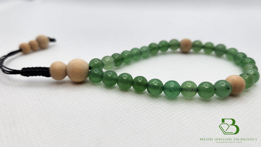 Green Jade Gemstone and Wood Mala Bracelet