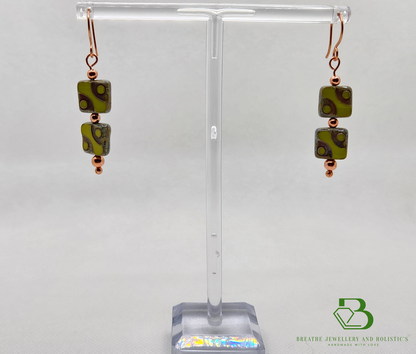 Table Cut Lime Green Glass Copper Earrings