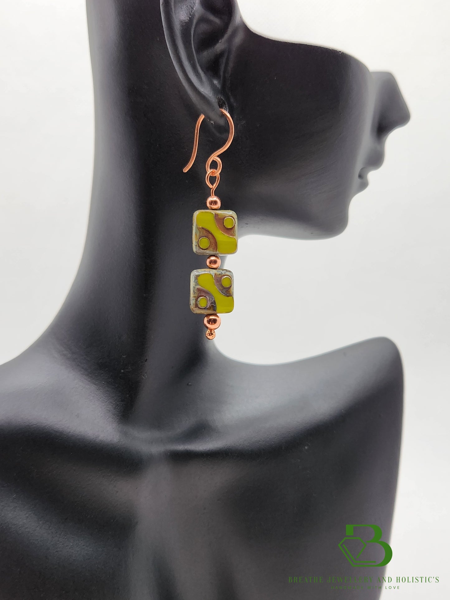 Table Cut Lime Green Glass Copper Earrings