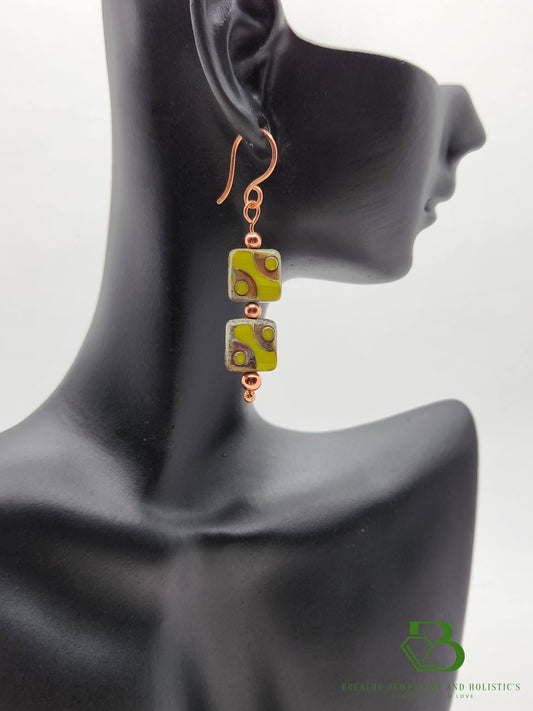 Table Cut Lime Green Glass Copper Earrings