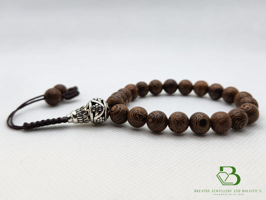 Natural Wooden Bead and Silver Mala Bracelet