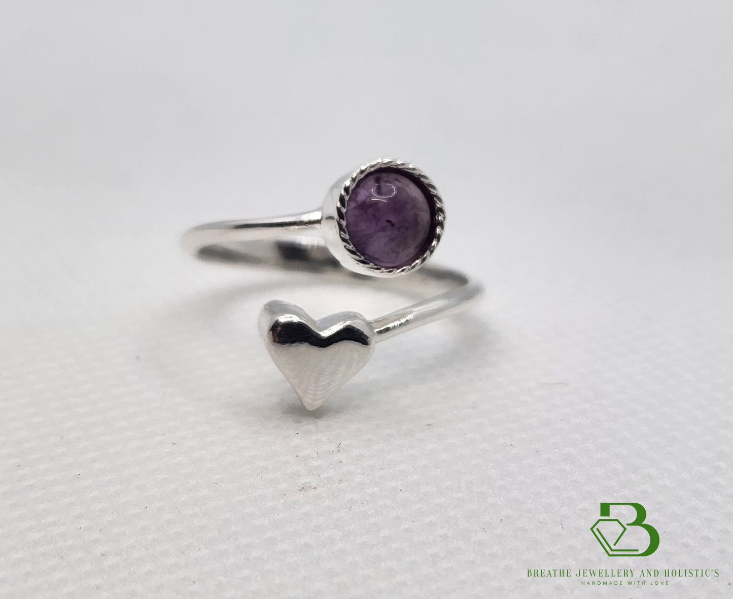 Sterling Silver Amethyst Adjustable Heart Ring