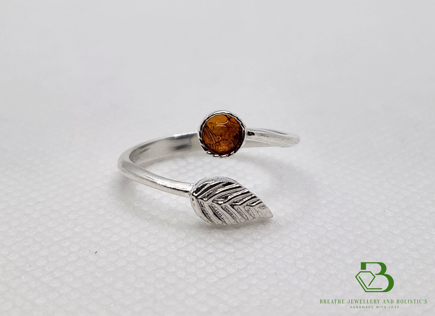 Sterling Silver Amber Adjustable Leaf Ring