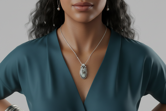 Sterling Silver Gobi Desert Turquoise Pendant With Fan & Rope Design