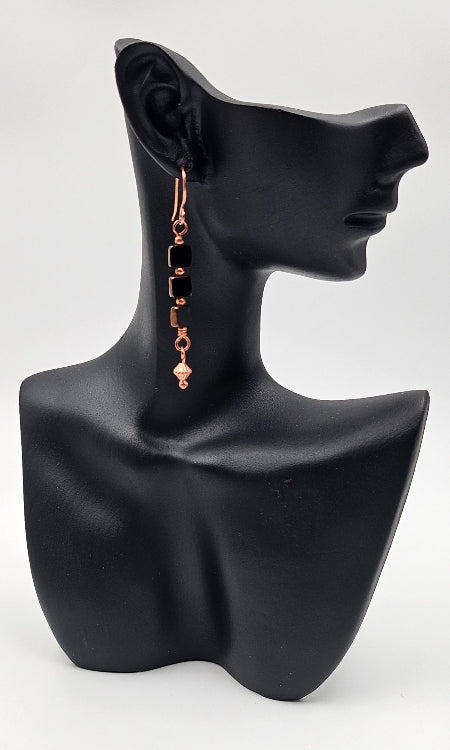 Handmade Copper and Czech Glass Jet Capri  square drops on a ceramic head 