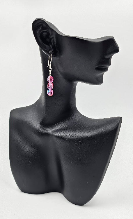 Handmade Sterling Silver and Czech Glass Rosie Pink drops on a ceramic head 