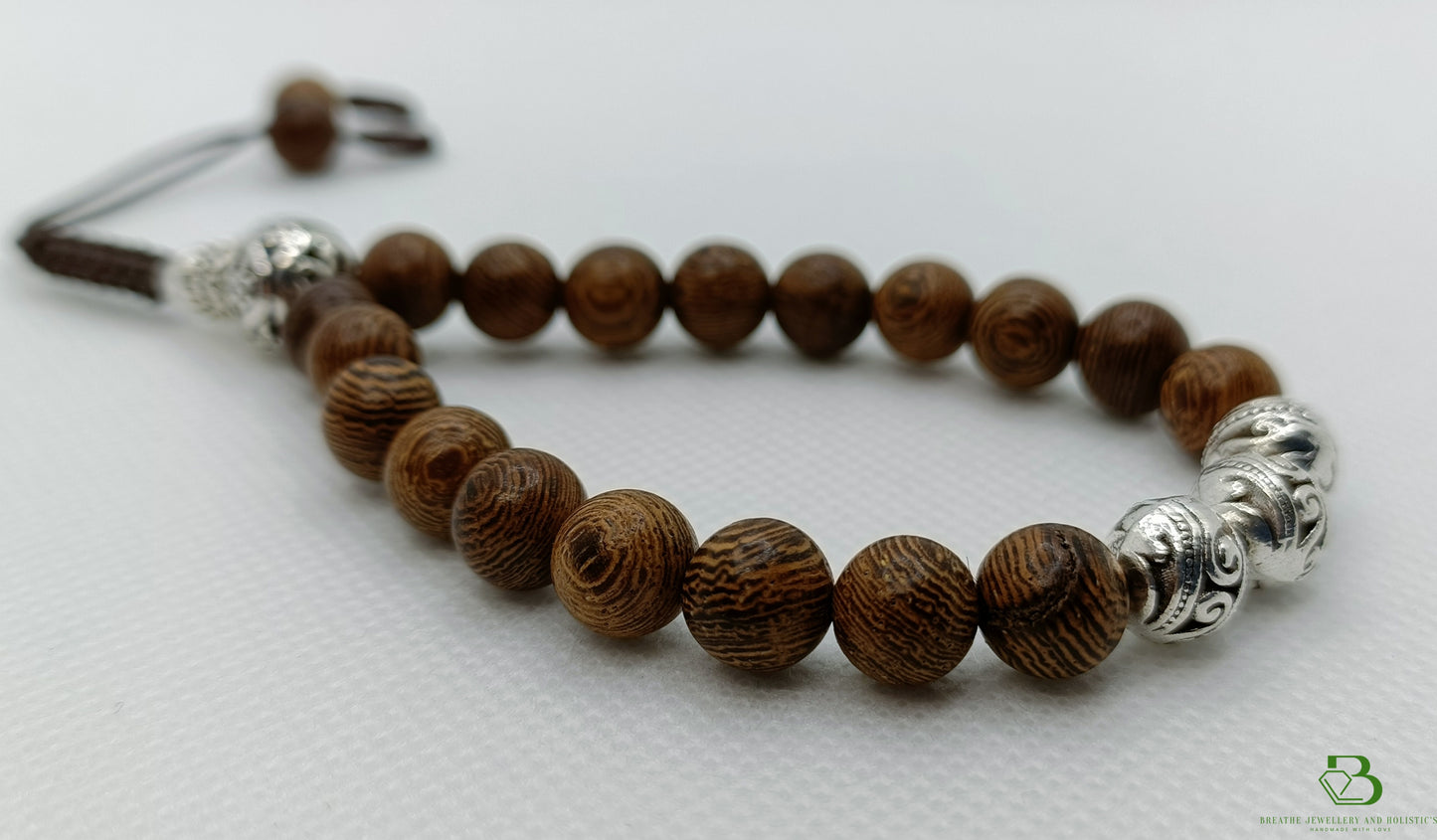 Natural Wood and Silver Beaded Mala Bracelet