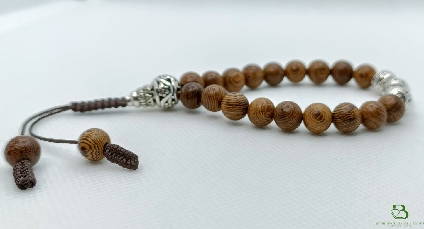 Natural Wood and Silver Beaded Mala Bracelet