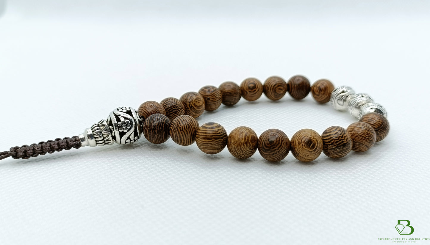 Natural Wood and Silver Beaded Mala Bracelet