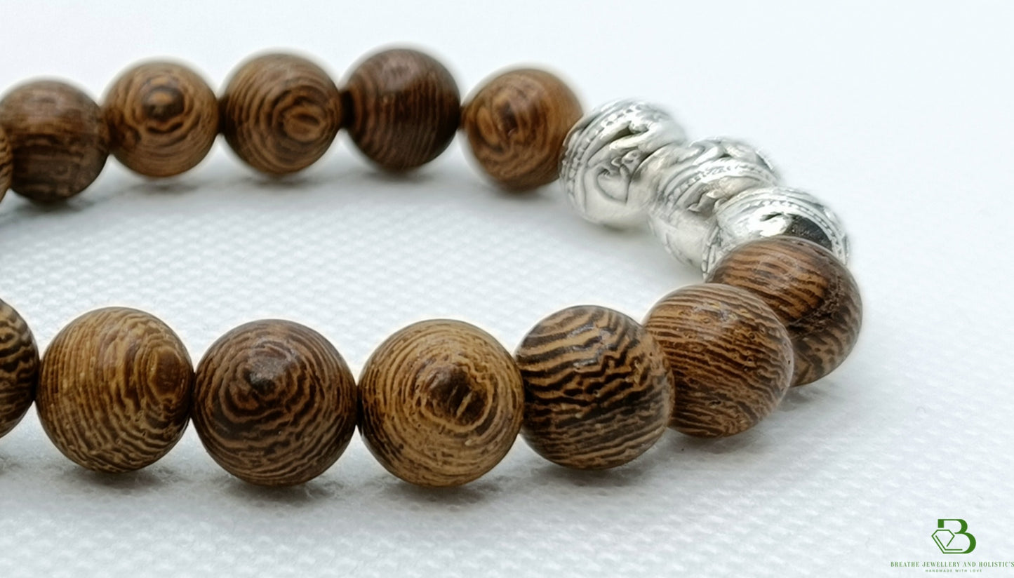 Natural Wood and Silver Beaded Mala Bracelet