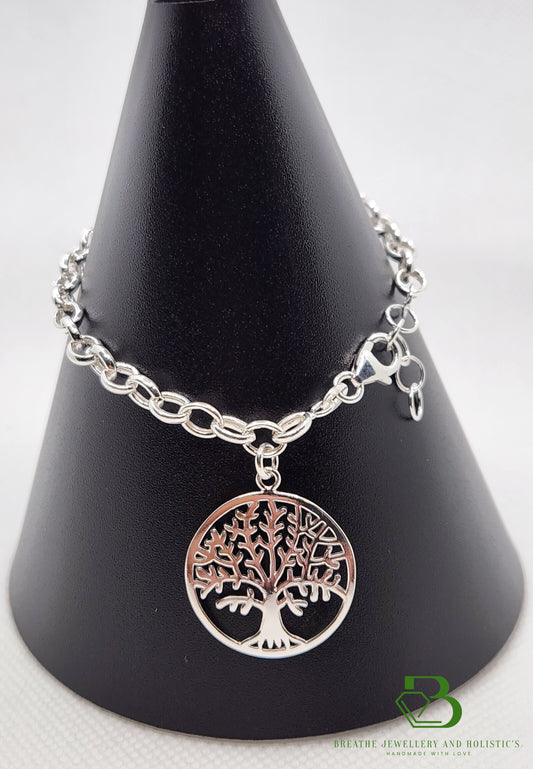 Large Sterling Silver Tree of Life Belcher Bracelet on Display