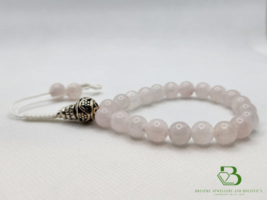 Rose Quartz Mala Bracelet With Silver Prayer Bead 