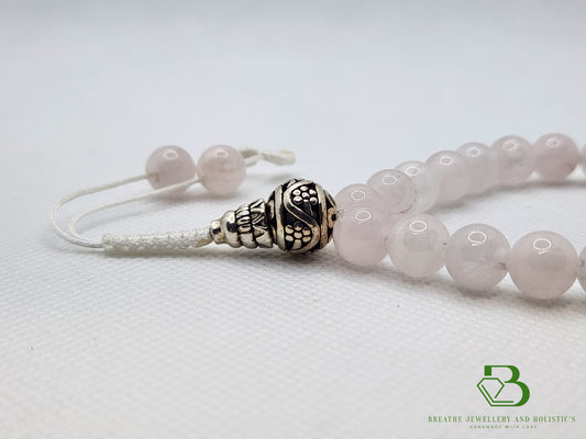 Rose Quartz Mala Bracelet With Silver Prayer Bead 
