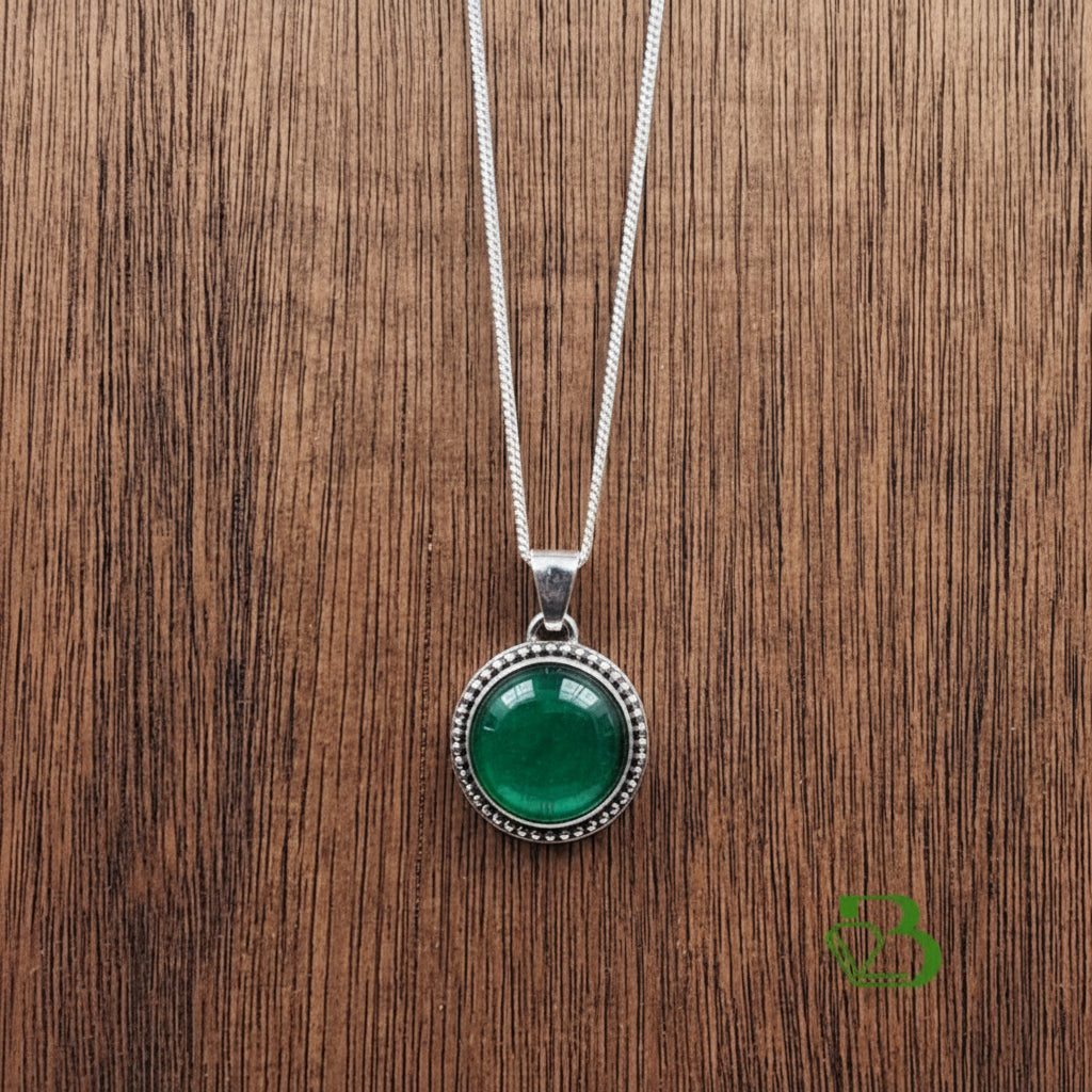 Sterling Silver Pendant  green glass round