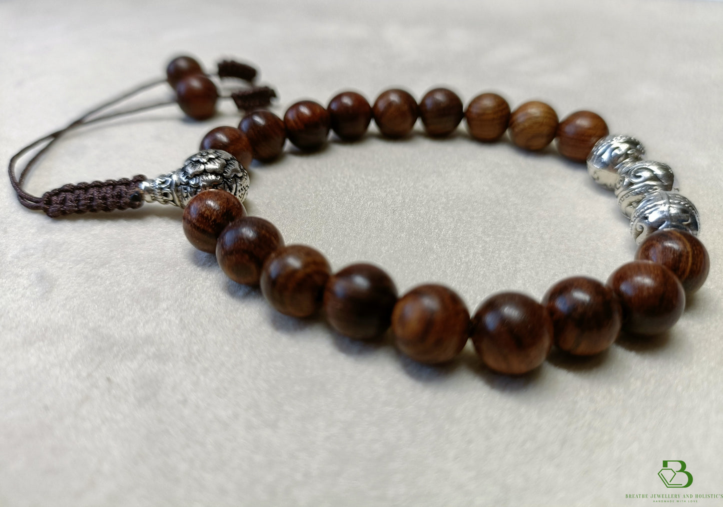 Rose Wood and Sterling Silver Mala Bracelet