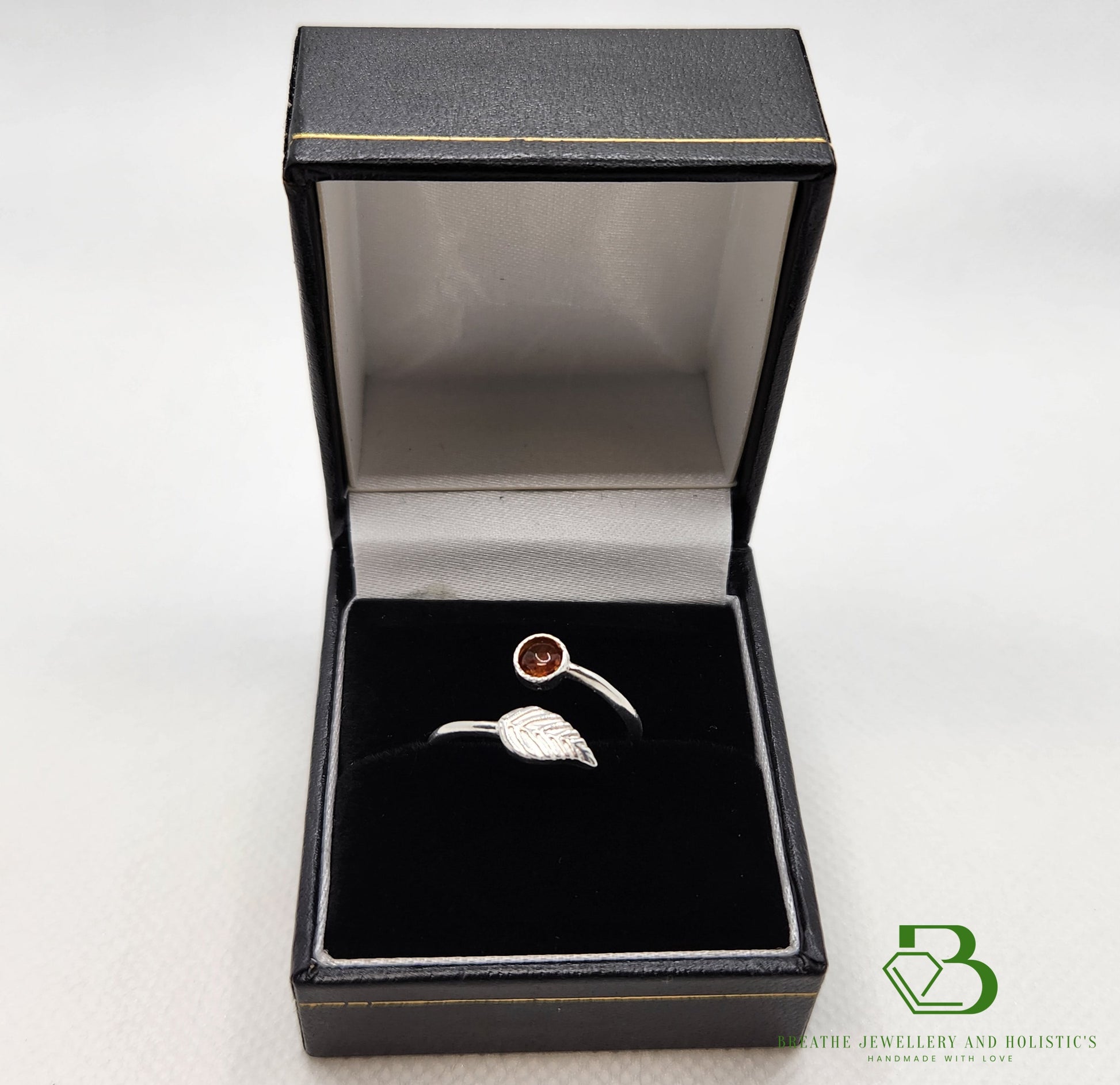 Sterling Silver Amber Adjustable Leaf Ring Adjustable / Sterling Silver and Amber Gemstone In Gift Box