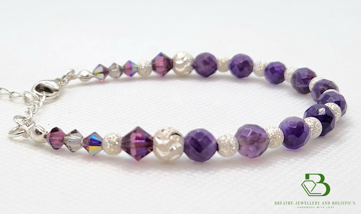 Sterling Silver Amethyst and Swarovski Crystal Bracelet - Side View Large Image