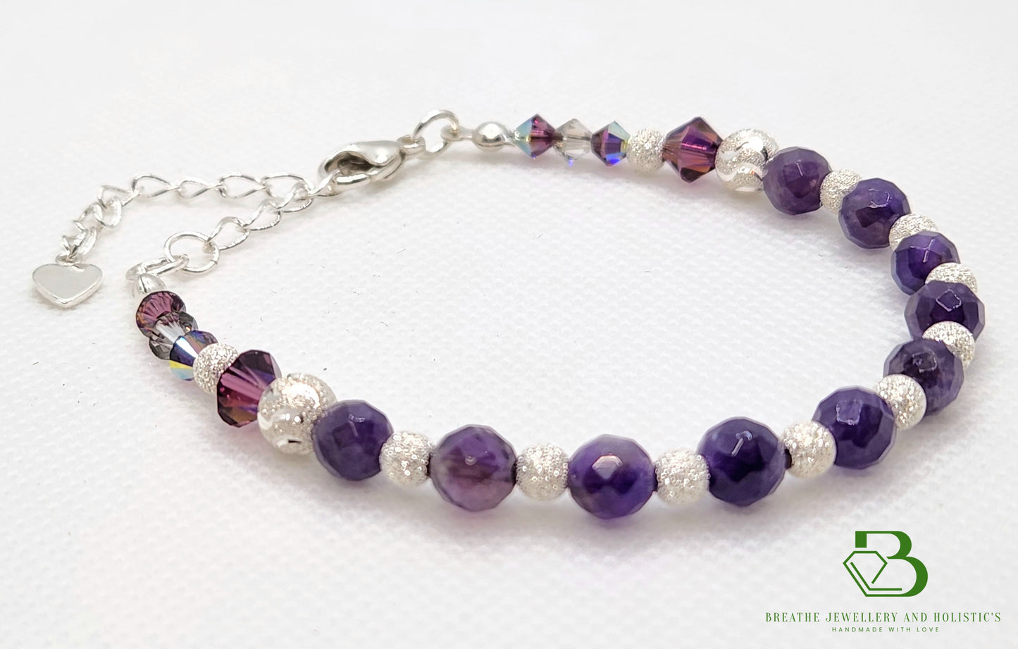 Sterling Silver Amethyst and Swarovski Crystal Bracelet - Slight Side View Large Image