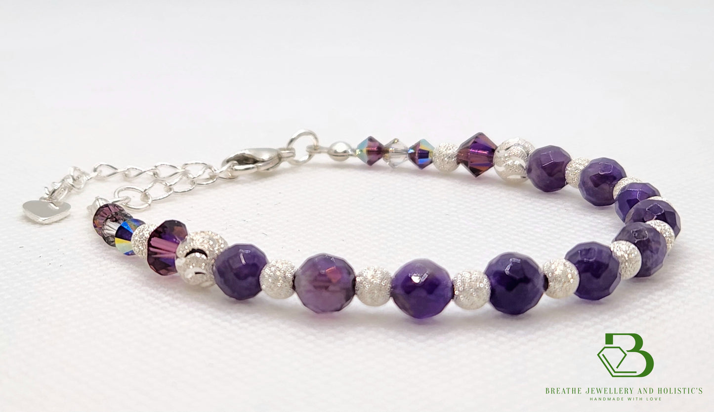 Sterling Silver Amethyst and Swarovski Crystal Bracelet - Slight Side View Large Image 2