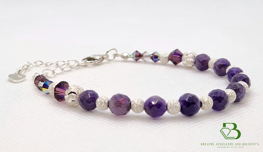 Sterling Silver Amethyst and Swarovski Crystal Bracelet - Slight Side View Large Image 2