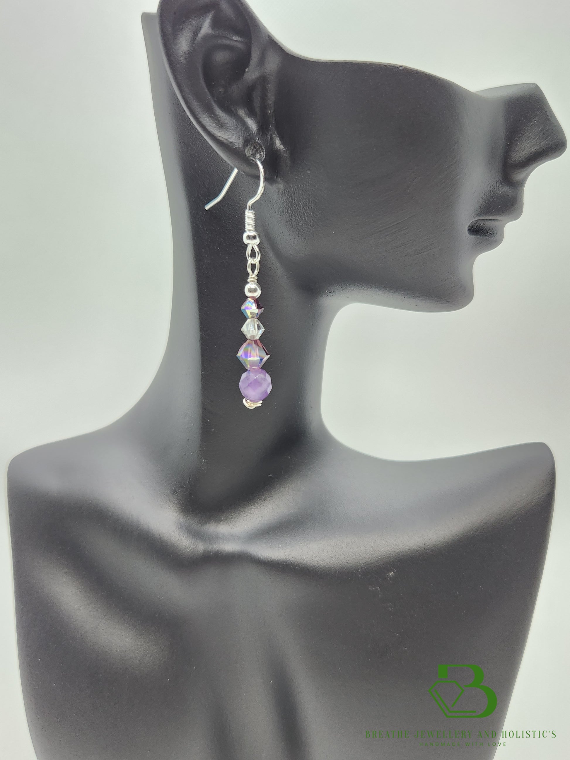 Sterling Silver Amethyst and Swarovski Crystal Earrings - In Display Long View