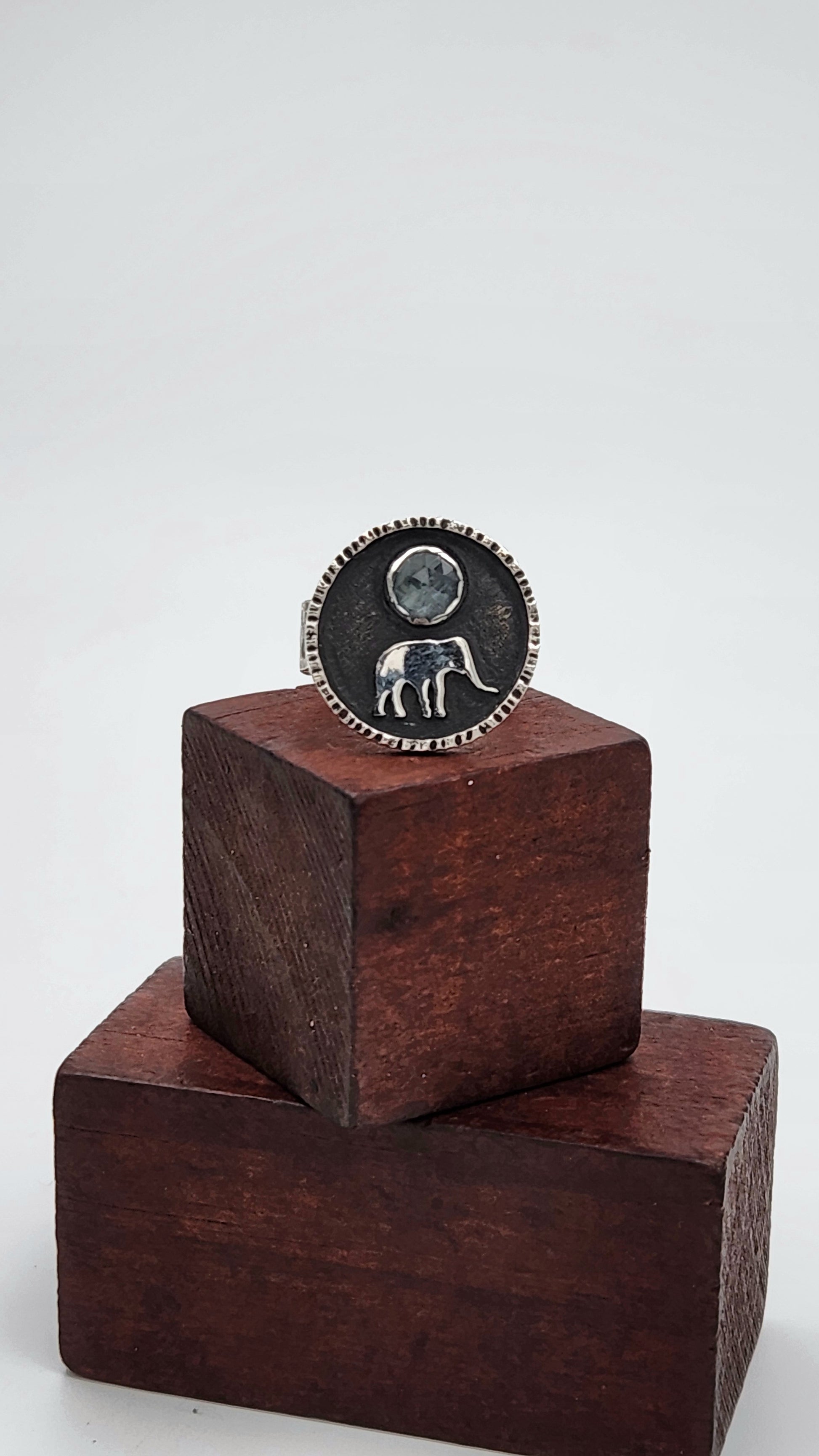 Sterling Silver Aqua Kyanite Elephant Ring on Wooden Display Blocks