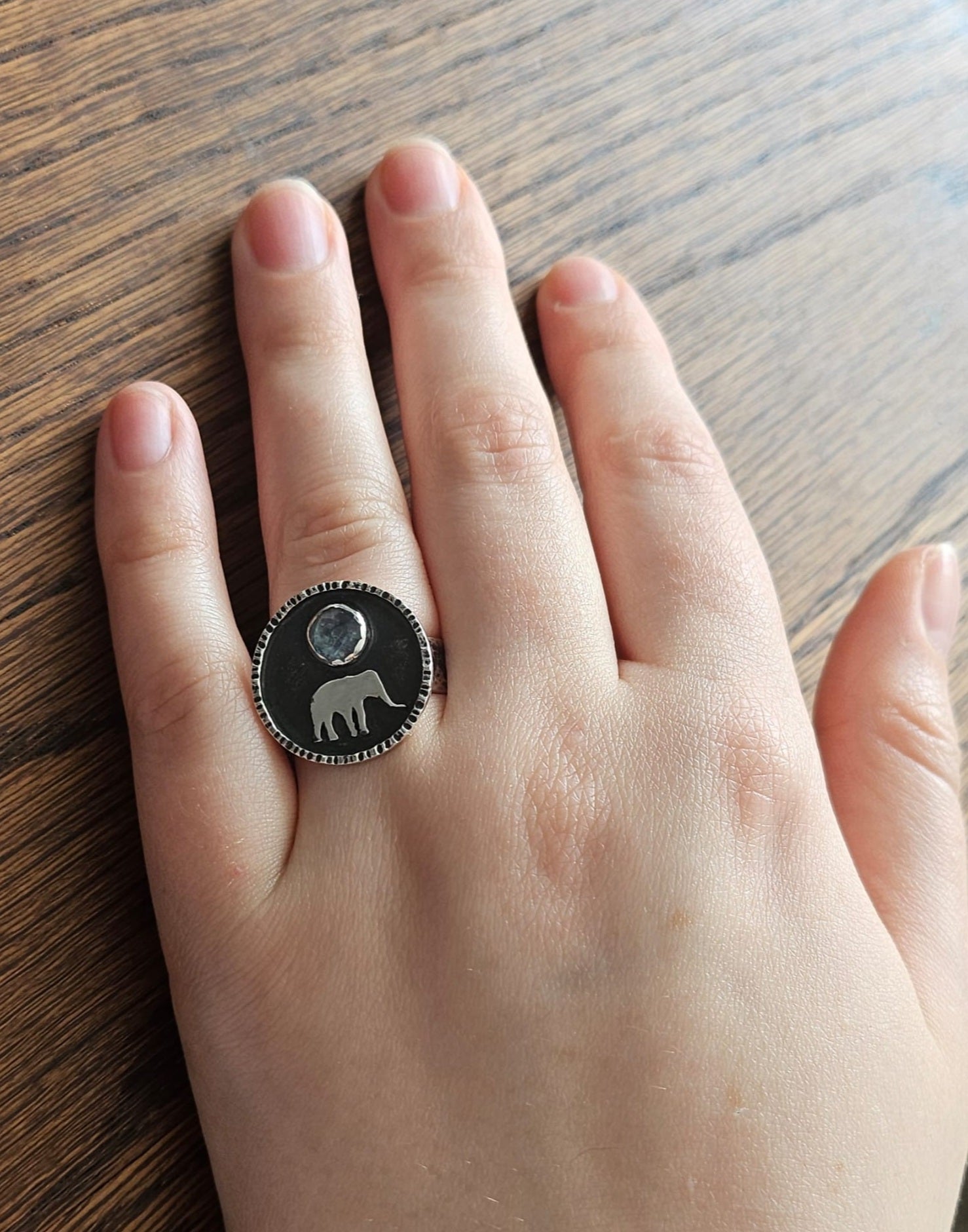 Sterling Silver Aqua Kyanite Elephant Ring on Hand