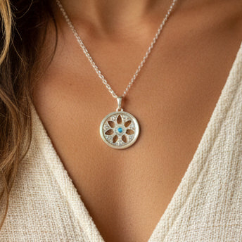 Sterling Silver Shield Pendant with Turquoise worn by Model