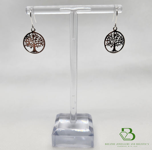 Sterling Silver Tree of Life Drop Earrings on a Display Stand