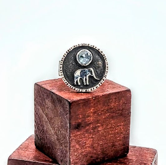 Sterling Silver Aqua Kyanite Elephant Ring on Wooden Display Blocks