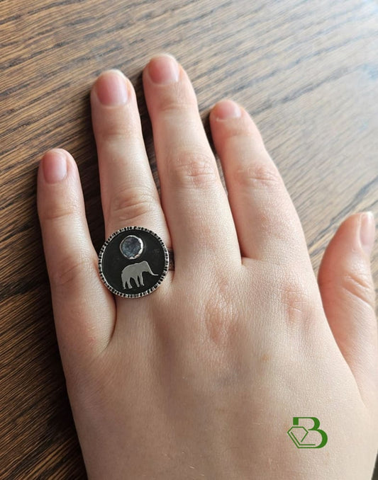 Sterling Silver Aqua Kyanite Elephant Ring on Hand