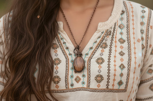 Oval Goldstone Wire Wrapped Pendant In Hand