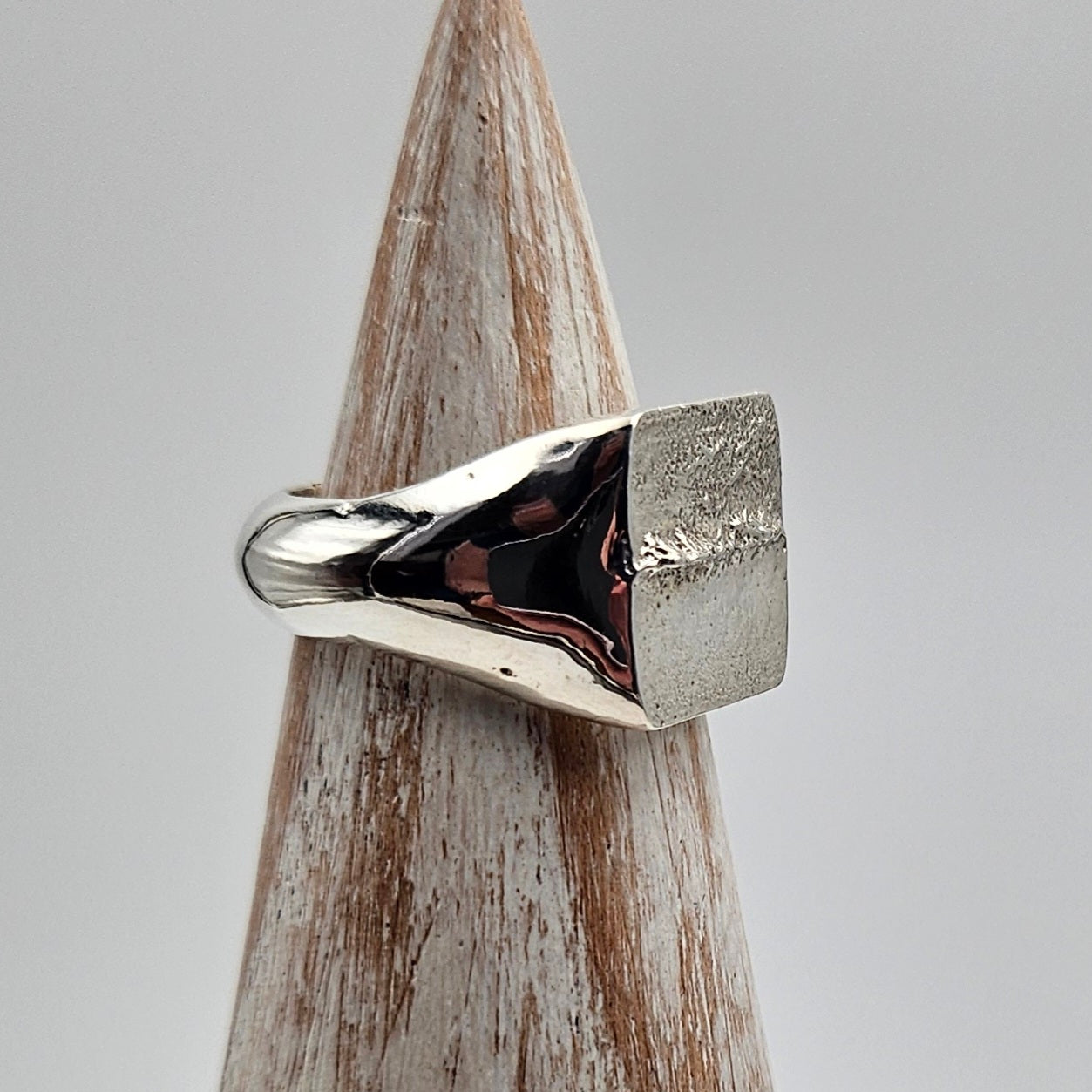 Sterling Silver Cast Square Signet Ring - organic finish with green cubic zirconia