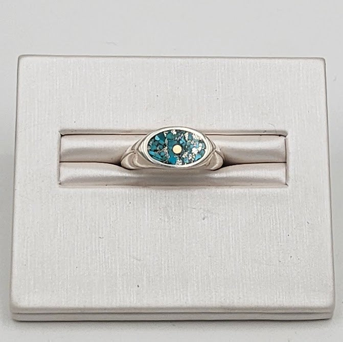 Sterling Silver Cast Oval Signet Ring - Turquoise and 14ct gold inlay