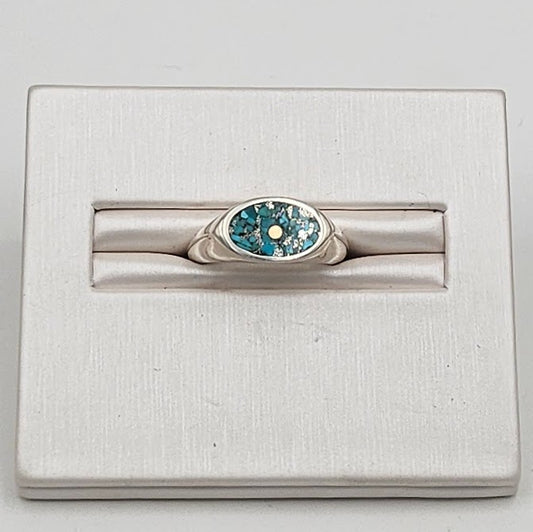 Sterling Silver Cast Oval Signet Ring - Turquoise and 14ct gold inlay
