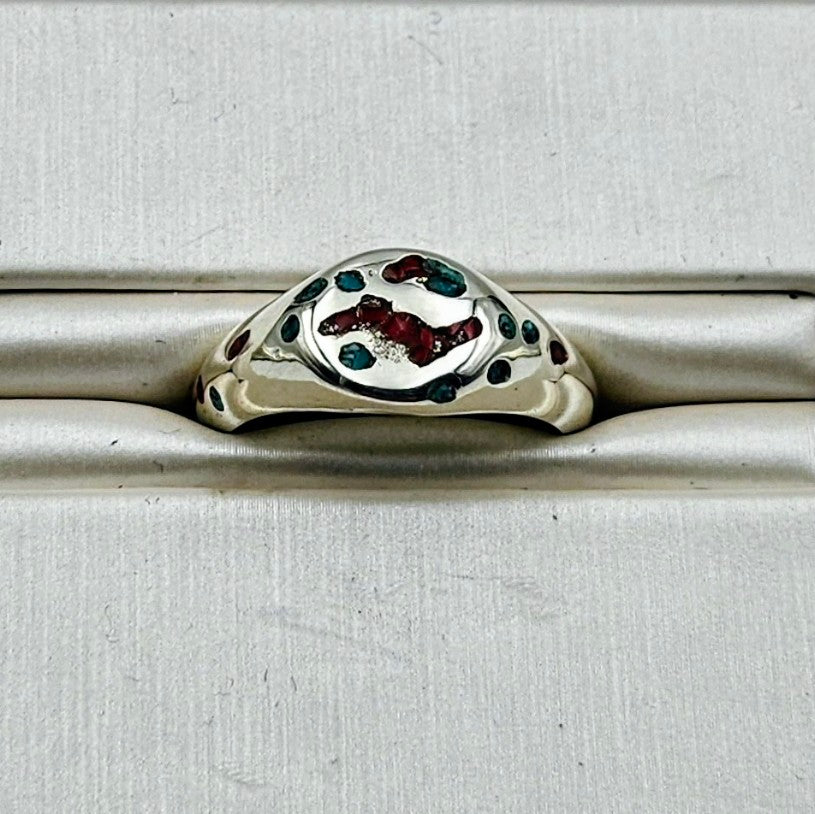 Sterling Silver Cast Oval Signet Ring with coral and turquoise inlay