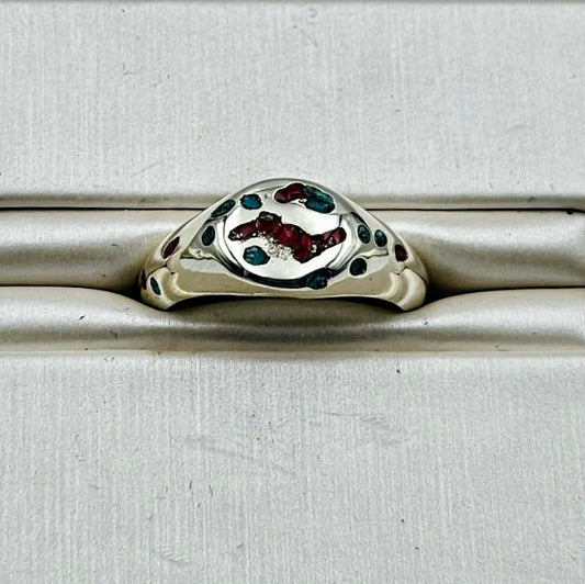 Sterling Silver Cast Oval Signet Ring with coral and turquoise inlay